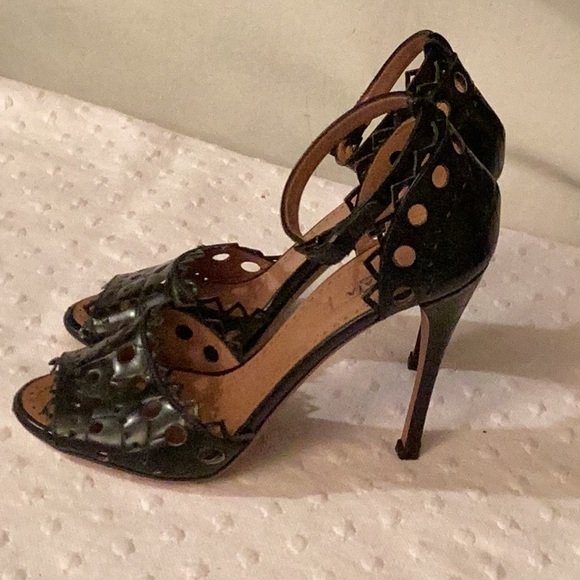 Alaina Paris black laser cut stiletto heels ankle straps leather sandals #37/7 M - Picture 5 of 11